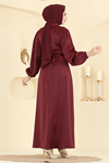 Kemerli Saten Abiye Bordo