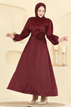 Kemerli Saten Abiye Bordo