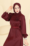 Kemerli Saten Abiye Bordo