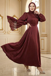 Kemerli Saten Abiye Bordo