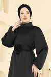 Gül Aksesuarlı Saten Abiye Siyah
